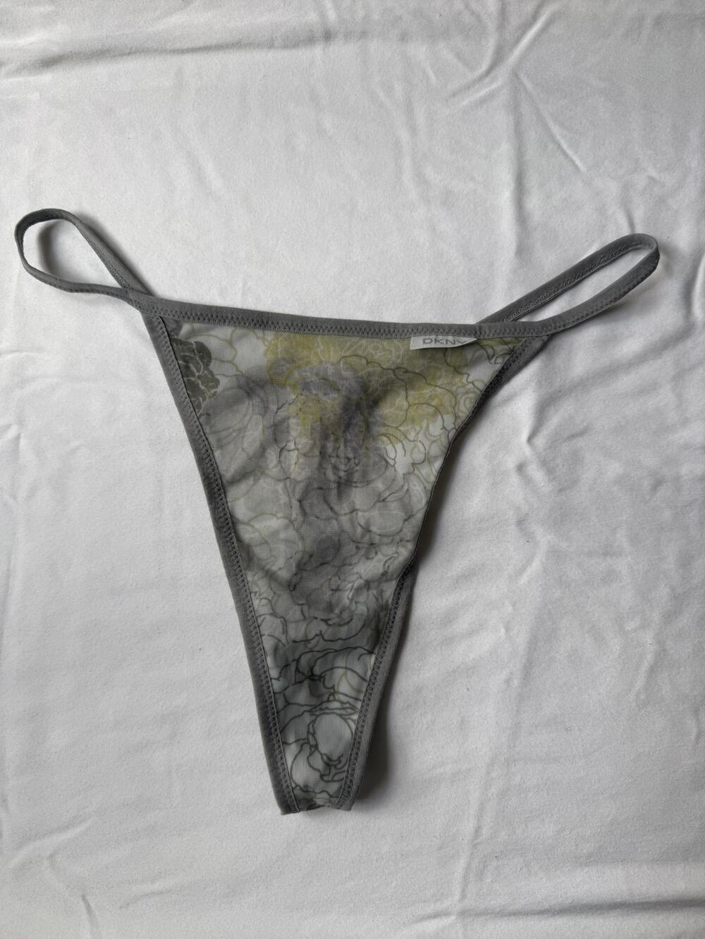 DKNY Size L Gray & Yellow Floral Sheer Mesh G-String Thong Panty NWOT